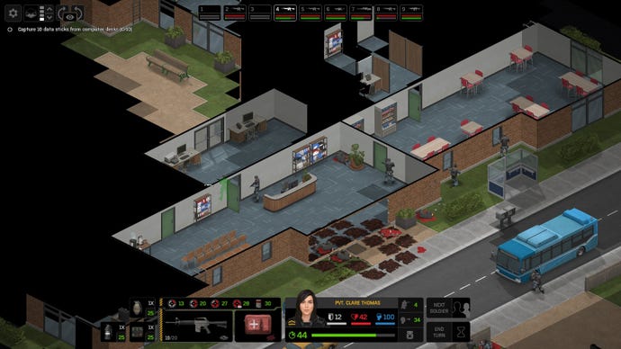 An image of soldiers infiltrating an office in Xenonauts 2. There's a big patch of rubble and blood in the centre of the image.