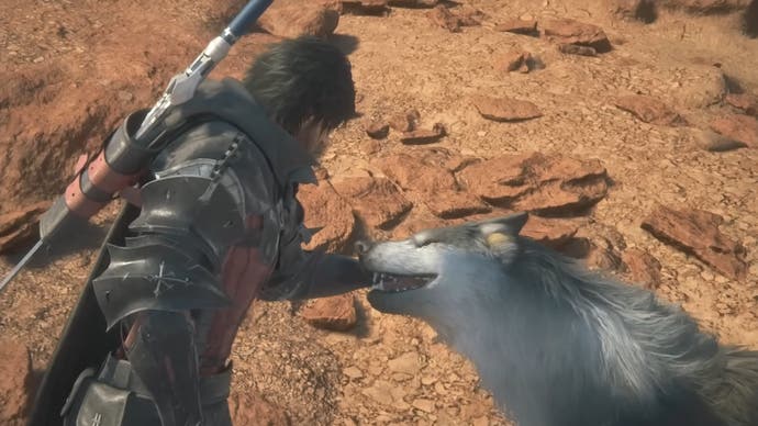 Clive pets Torgal in Final Fantasy 16