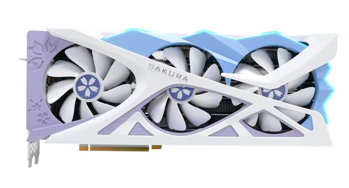 بطاقة رسومات Yesten RX 7800XD / 7700XD باللون الأبيض والأزرق والأرجواني مع تصميم الأزهار
