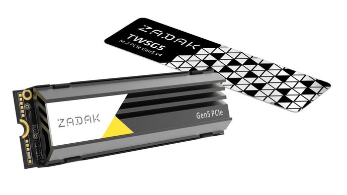 The Zadak TWSG5 PCIe 5.0 SSD, with its graphene variant heatsink in the background.