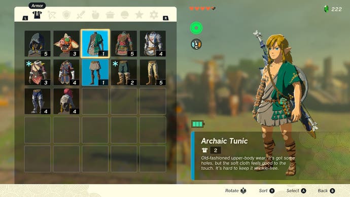Zelda: Tears of the Kingdom in-game menu showing different Armor that can be equipped including the Archaic Tunic.