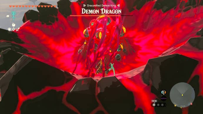 Link destroys a carapace on the back of the Demon Dragon in The Legend of Zelda: Tears of the Kingdom