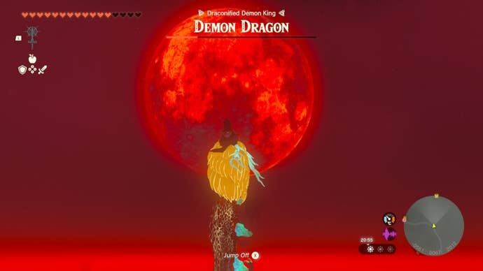 Link is riding the Light Dragon in front of a Blood Moon in The Legend of Zelda: Tears of the Kingdom