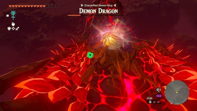 Link destroys a stone on the Demon Dragon's head in The Legend of Zelda: Tears of the Kingdom