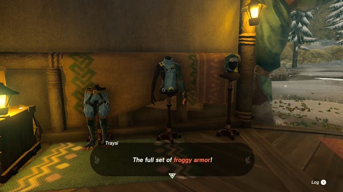Link talking to Traysi about the Froggy armor set in Zelda: Tears of the Kingdom.