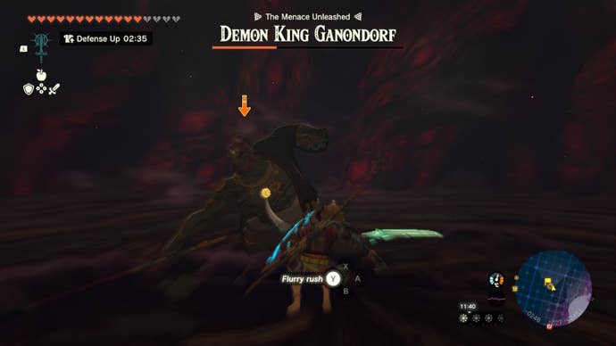 Link performs a flurry rush on Demon King Ganondorf during the second phase of the fight in The Legend of Zelda: Tears of the Kingdom