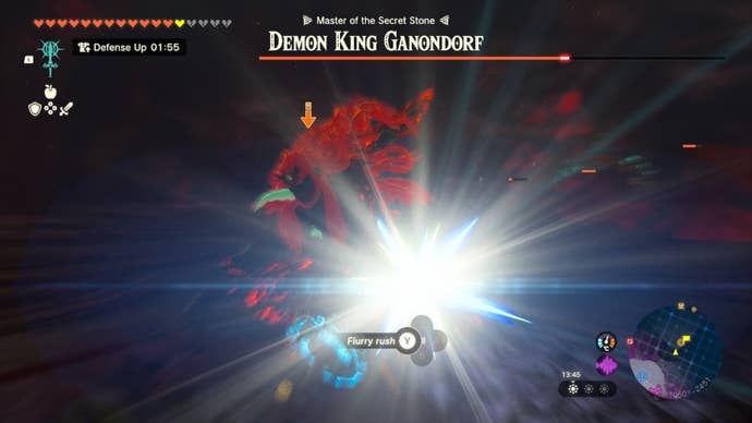 Link performs a flurry rush on Demon King Ganondorf during the second phase of the fight in The Legend of Zelda: Tears of the Kingdom