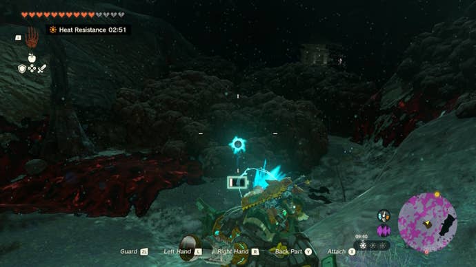 Link, atop Mineru's construct, aims its hand cannons at various rocks in The Legend of Zelda: Tears of the Kingdom