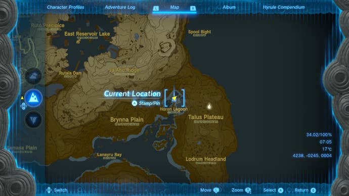 Карта, показывающая расположение пещеры лагуны Хорон в The Legend of Zelda: Tears of the Kingdom
