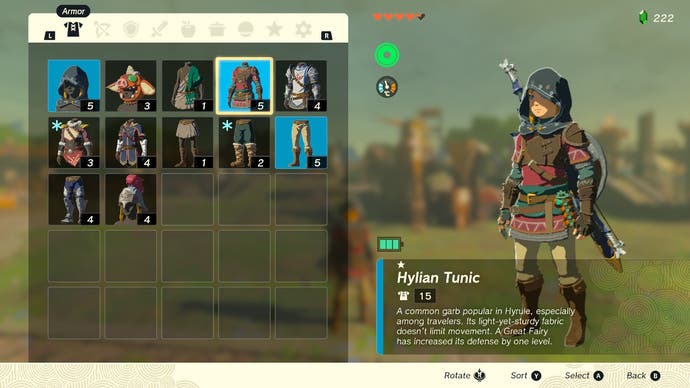 Zelda: Tears of the Kingdom in-game menu showing different Armor that can be equipped including the Hylian Tunic.