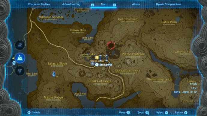 A map showing the location of Kakariko Village in The Legend of Zelda: Tears of the Kingdom