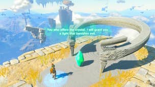 Link gives a sky crystal to the Kumamayn Shrine in Zelda: Tears of the Kingdom