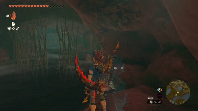Линк стоит на выступе в пещере Сарджон в The Legend of Zelda: Tears of the Kingdom