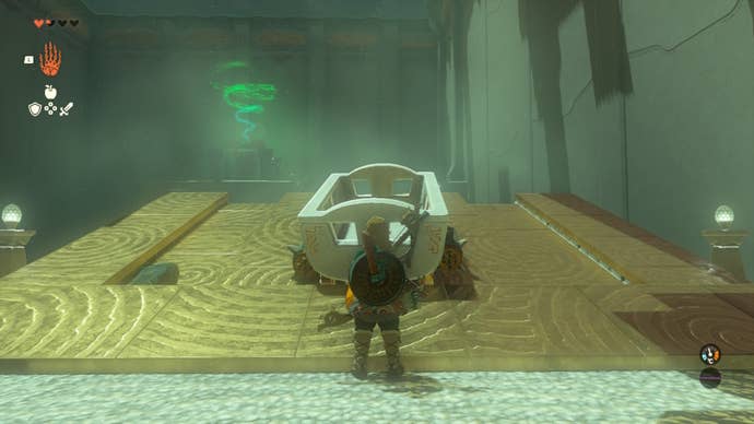 Link attaches two missiles to a minecart in the Oromuwak Shrine in Zelda: Tears of the Kingdom