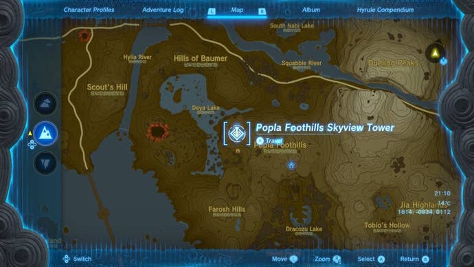 A map showing the location of Popla Foothills Skyview Tower in The Legend of Zelda: Tears of the Kingdom