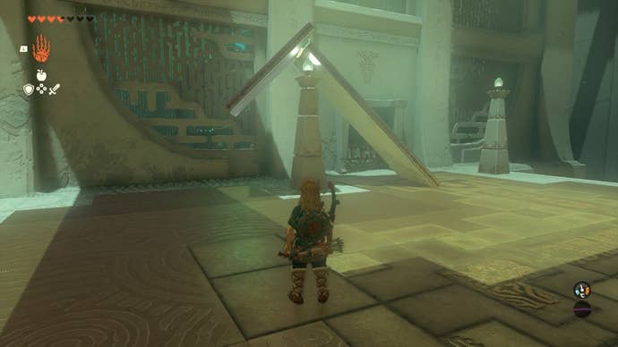 Link creates a ramp with two sheets of metal in the Ren-Iz Shrine in The Legend of Zelda: Tears of the Kingdom