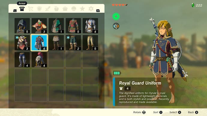 Zelda: Tears of the Kingdom in-game menu showing different Armor that can be equipped including the Royal Guard Uniform.