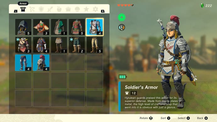 Zelda: Tears of the Kingdom in-game menu showing different Armor that can be equipped including the Soldier's Armor.