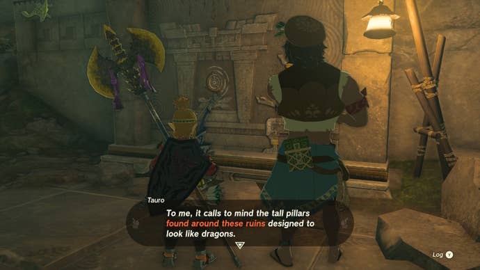 Link speaks with Tauro at the Faron Zonai Ruins in The Legend of Zelda: Tears of the Kingdom