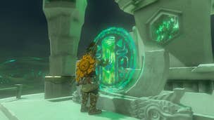 Link interacts with the terminal inside of the Ukoojisi Shrine in Zelda: Tears of the Kingdom