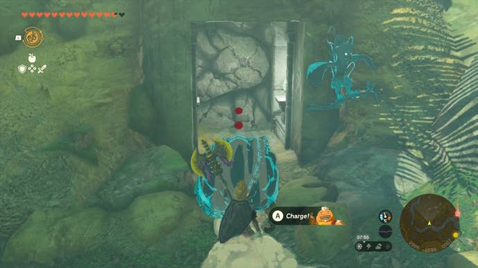 Link aims Yunobo at a blocked door at the Faron Zonai Ruins in The Legend of Zelda: Tears of the Kingdom