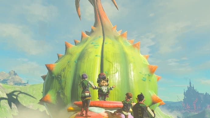 A group of musicians surround a large, spiky plant bud which is where a Great Fairy will spring from in Zelda: Tears of the Kingdom.