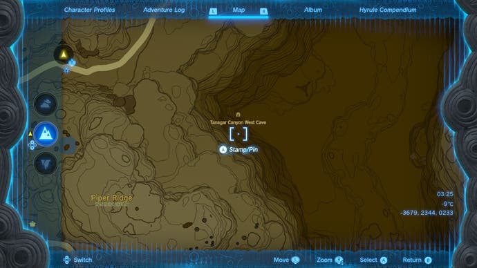 Map showing the location of the Tanagar Canyon West Cave in The Legend of Zelda: Tears of the Kingdom.