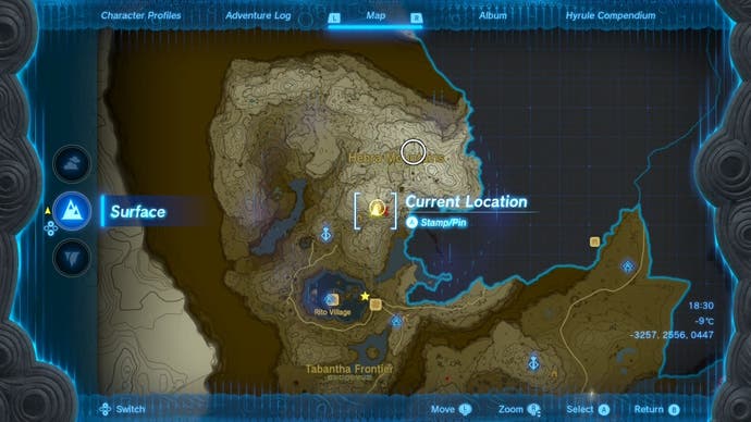 Map showing the location of the Mayaumekis Shrine from surface level in The Legend of Zelda: Tears of the Kingdom.