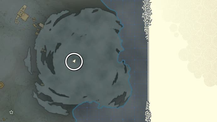 The Mayaumekis Shrine map location from sky level in The Legend of Zelda: Tears of the Kingdom.
