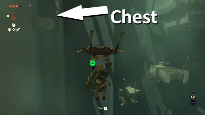 Link using his glider to fly towards a chest location in the Mayaumekis Shrine.