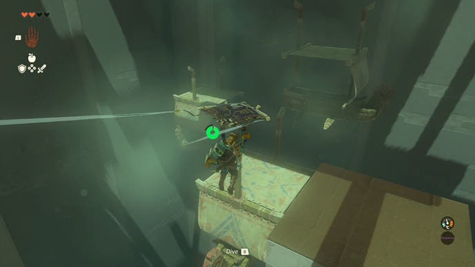 Link gliding towards a floating ship in the Mayaumekis Shrine.
