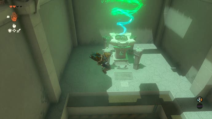 Link near a glowing green landmark which marks the end of the Mayaumekis Shrine in The Legend of Zelda: Tears of the Kingdom.