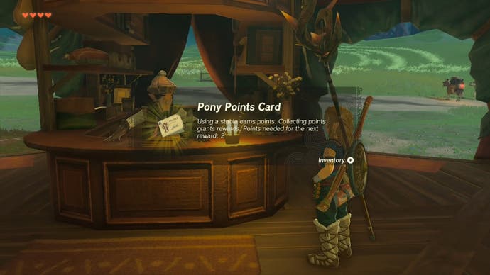 《塞尔达传说:王国之泪》中鼓励玩家使用马厩的Pony Points奖励机制的游戏内描述。