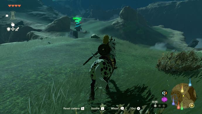 Link approaching the Runakit Shrine on horseback.