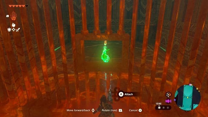 Link using his Ultrahand ability to attach two fused icicles to the B1 treasure chest in Tears of the Kingdom's the Wind Temple.