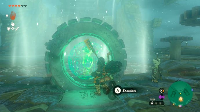 A circular, stone structure with a glowing green symbol in the middle that Link can interact with at the Wind Temple.