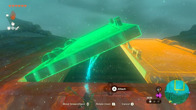 Link using his Ultrahand ability to move two huge roof doors in the Wind Temple.