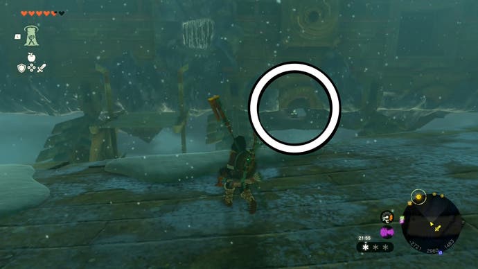 Link exploring the Wind Temple, with an area circled that shows where players will find the third Wind Lock.
