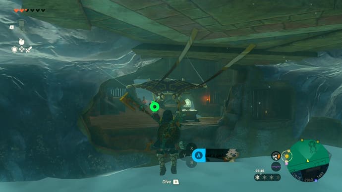Link gliding towards a hidden area in the Wind Temple as the player hunts for the third Wind Lock.