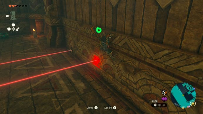 Link climbing a wall as he tries to move around a set of lasers in the Wind Temple.