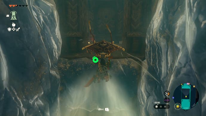 Link gliding between two large ice walls as he heads to an area he can explore in the Wind Temple.