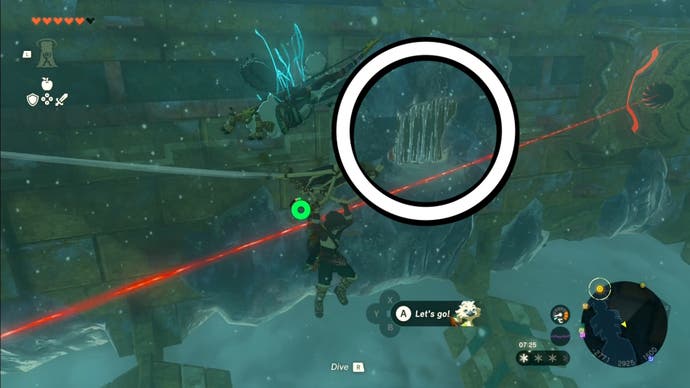 Link exploring the Wind Temple, with an area circled that shows where players will find the fifth and final Wind Lock.