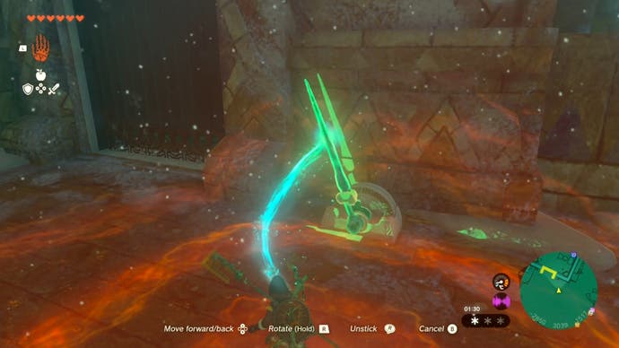 Link using his Ultrahand ability to move a broken lever in Tears of the Kingdom's Wind Temple.