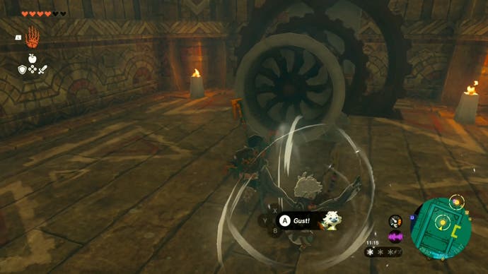 Link getting Tulin to use his Gust ability on a Wind Lock in Tears of the Kingdom's Wind Temple.