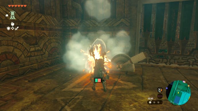 Link trying to move a lever at the Wind Temple in The Legend of Zelda: Tears of the Kingdom.
