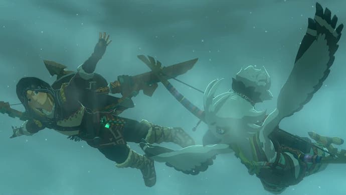 Link skydiving with Tulin in The Legend of Zelda: Tears of the Kingdom.