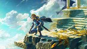 Link crouched on the edge of one of the sky islands