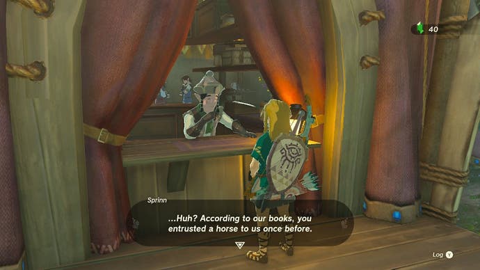 Link talking to a character in a stable in The Legend of Zelda: Tears of the Kingdom.