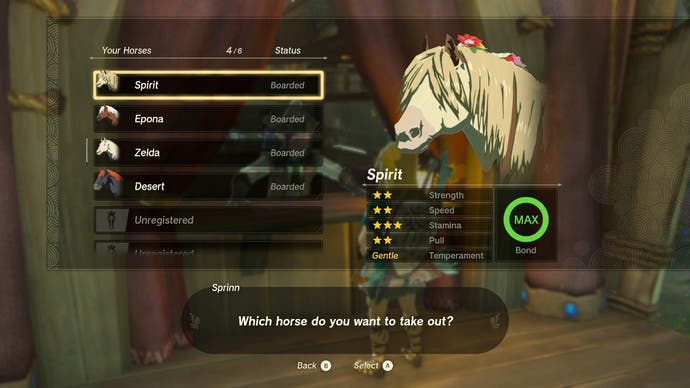 在《塞尔达传说:王国之泪》中显示马厩中可供玩家使用的马匹的菜单屏幕。
