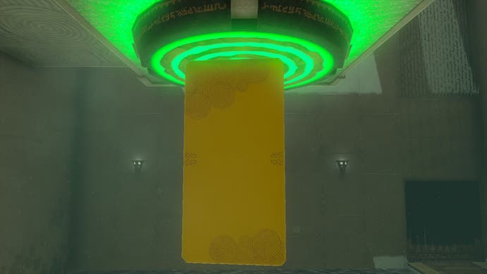 A wooden board hits and activates a glowing green target in the Jonsau Shrine.